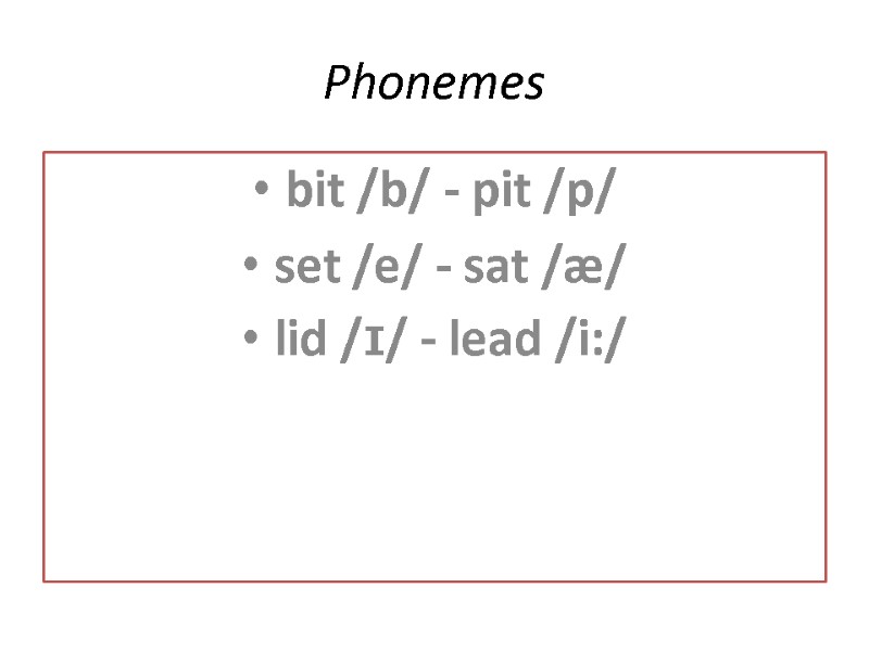 Phonemes bit /b/ - pit /p/ set /e/ - sat /æ/ lid /ɪ/ -